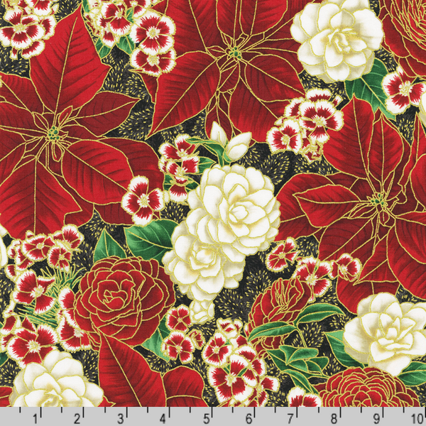 Robert Kaufman Fabrics | Holiday Flourish Peppermint Twist 'Large Floral' SRKM-22946-2 BLACK: by the 1/2m