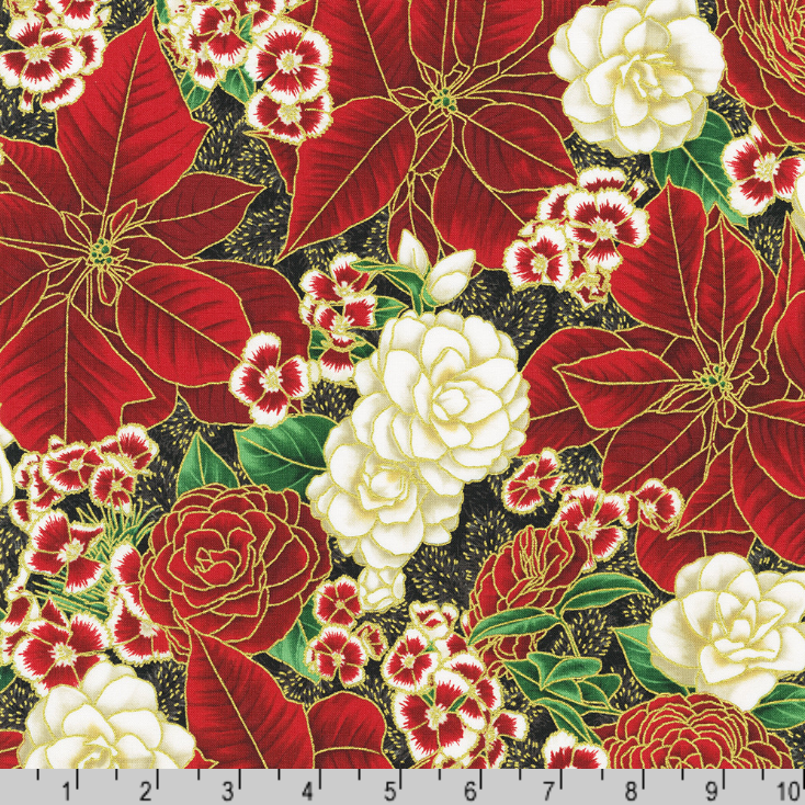 Robert Kaufman Fabrics | Holiday Flourish Peppermint Twist 'Large Floral' SRKM-22946-2 BLACK: by the 1/2m