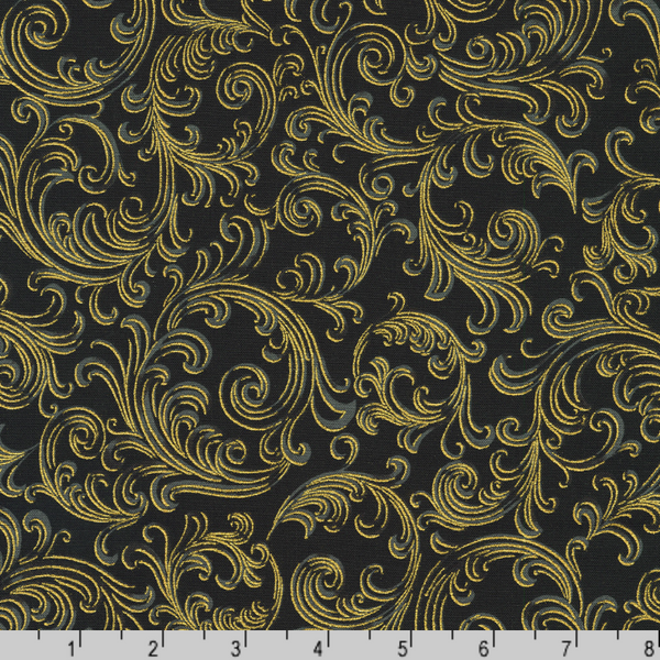 Robert Kaufman Fabrics | Holiday Flourish Peppermint Twist 'Scroll' SRKM-22949-2 BLACK: by the 1/2m
