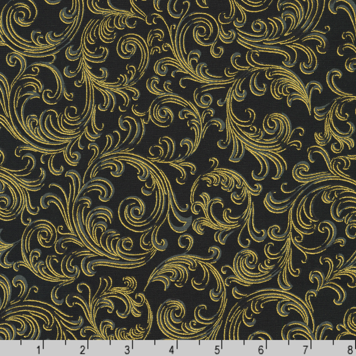 Robert Kaufman Fabrics | Holiday Flourish Peppermint Twist 'Scroll' SRKM-22949-2 BLACK: by the 1/2m