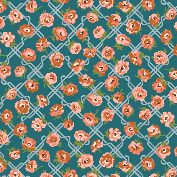 Liberty | Floral Nostalgia 'Rosemary Blooms' Coral/Teal 448B: by the 1/2m