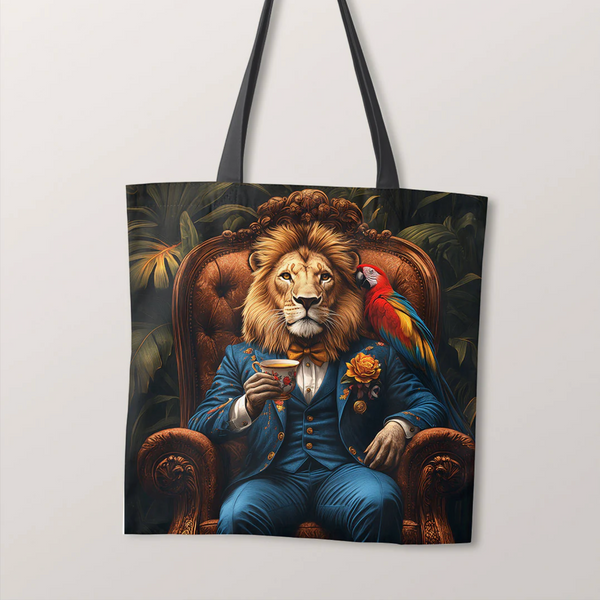 PRECUT PANEL: Waterproof Canvas TOTE BAG Panel: Approx 40cm x 45cm: Gentleman Lion Drinking Tea