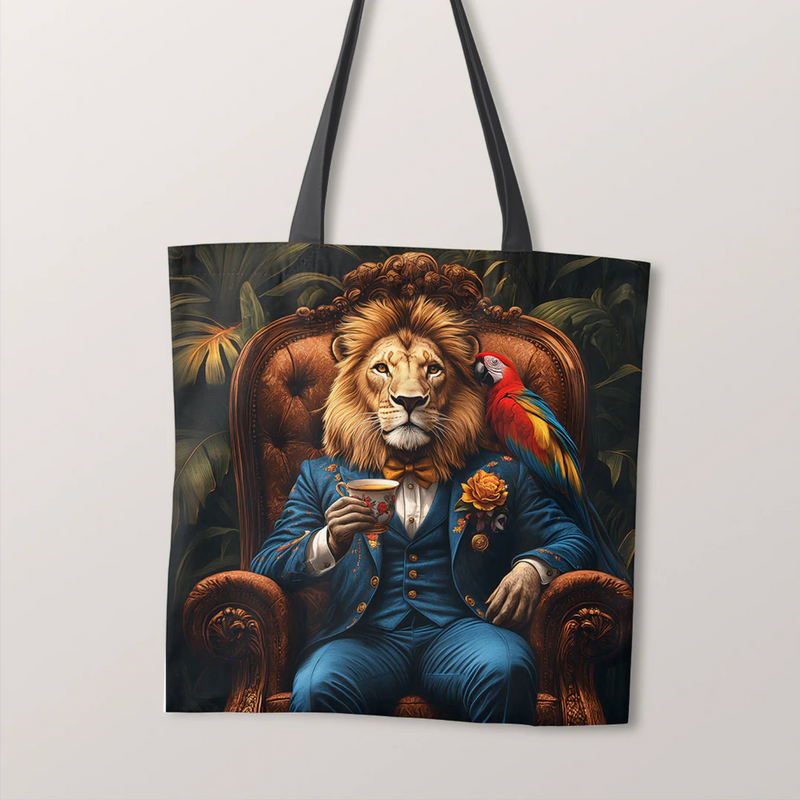 PRECUT PANEL: Waterproof Canvas TOTE BAG Panel: Approx 40cm x 45cm: Gentleman Lion Drinking Tea