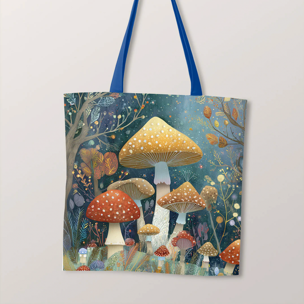 PRECUT PANEL: Waterproof Canvas TOTE BAG Panel: Approx 40cm x 45cm: Mushrooms / Toadstools by Night