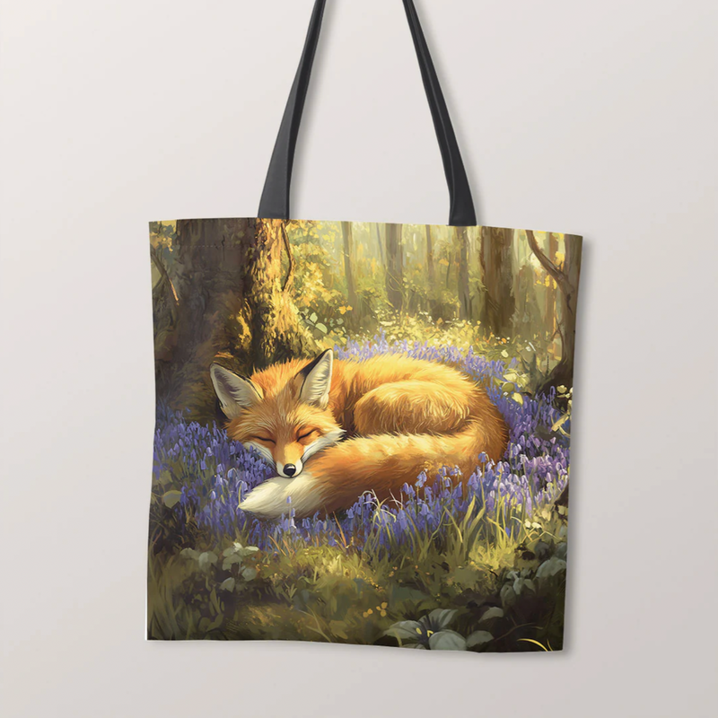 PRECUT PANEL: Waterproof Canvas TOTE BAG Panel: Approx 40cm x 45cm: Sleeping Fox on Bluebells