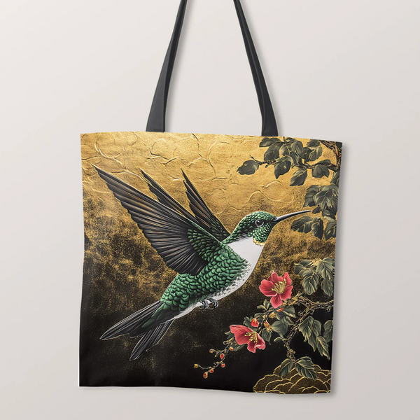 PRECUT PANEL: Waterproof Canvas TOTE BAG Panel: Approx 40cm x 45cm: Gold Hummingbird