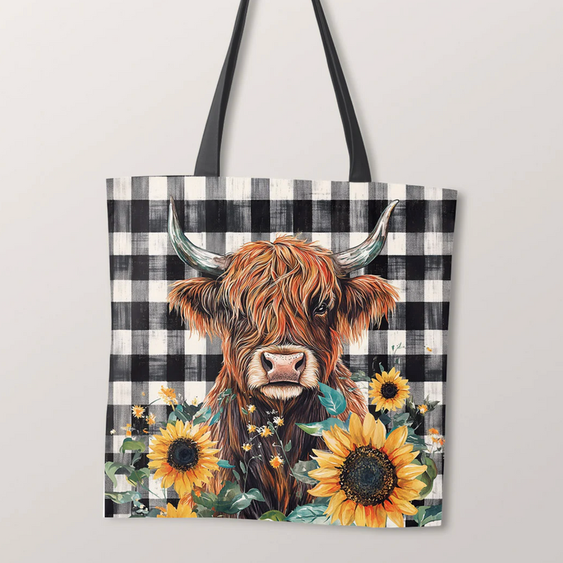 PRECUT PANEL: Waterproof Canvas TOTE BAG Panel: Approx 40cm x 45cm: Highland Cow with Sunflowers