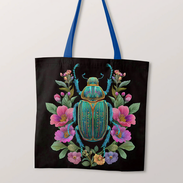 PRECUT PANEL: Waterproof Canvas TOTE BAG Panel: Approx 40cm x 45cm: Beetle with Blooms