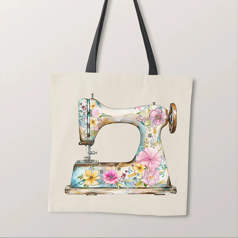 PRECUT PANEL: Waterproof Canvas TOTE BAG Panel: Approx 40cm x 45cm: Floral Sewing Machine