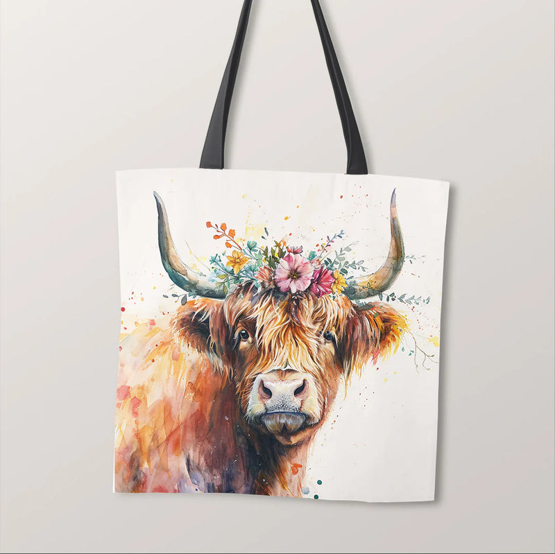 PRECUT PANEL: Waterproof Canvas TOTE BAG Panel: Approx 40cm x 45cm: Spring Highland Cow