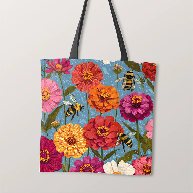 PRECUT PANEL: Waterproof Canvas TOTE BAG Panel: Approx 40cm x 45cm: Summer Bees on Flowers