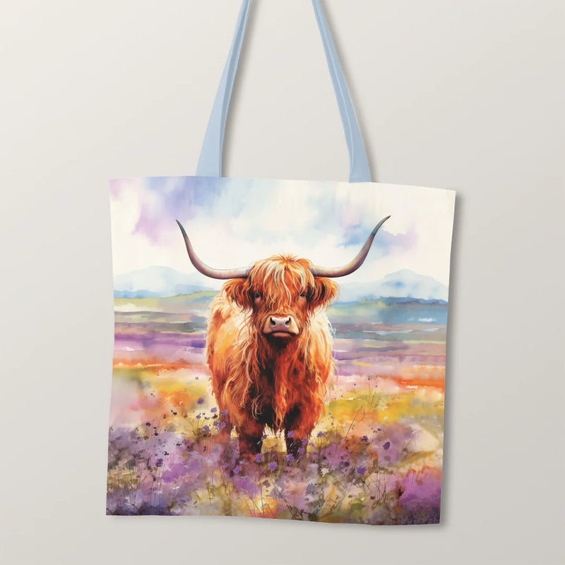 PRECUT PANEL: Waterproof Canvas TOTE BAG Panel: Approx 40cm x 45cm: Watercolour Landscape with Highland Cow