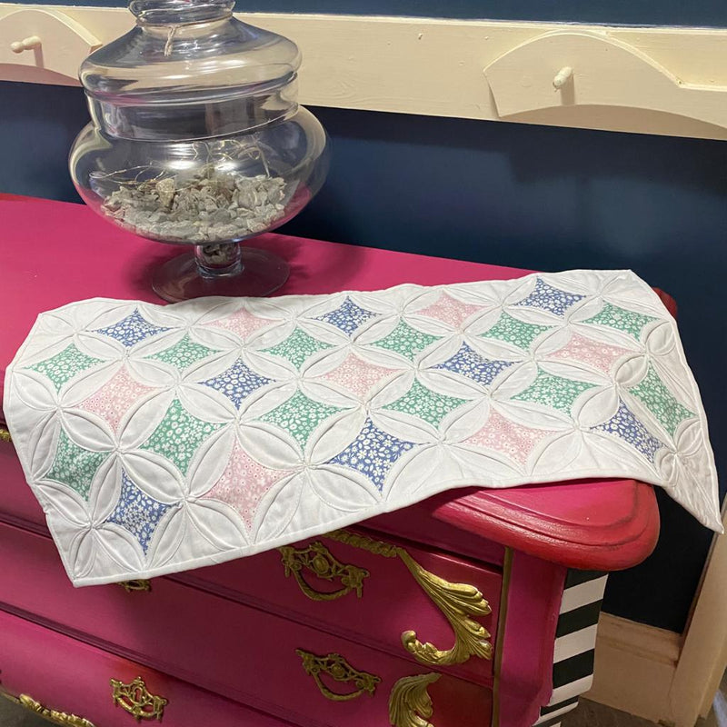 SAMPLE SALE: 26AG: Cathedral Window Table Centre (White with Lewis & Irene Bunny Hop) Approx 12" x 23"