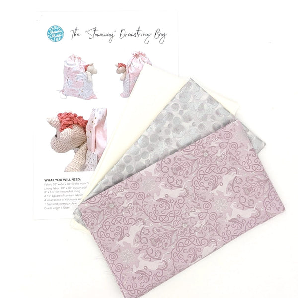 FABRIC KIT with FREE INSTRUCTIONS: Stowaway Drawstring Bag Kit: Lewis & Irene Celtic Faeries 'Unicorn'