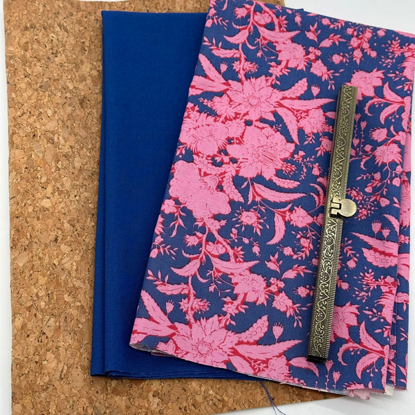 FABRIC + HARDWARE: FQ Tilda 'Abloom' Prussian + FQ Copen + Cork + Antique Bronze Straight Clasp