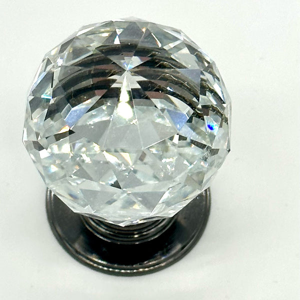 HARDWARE: 35mm Faceted Crystal Ball Effect Knob with Round Gunmetal Base: CLEAR