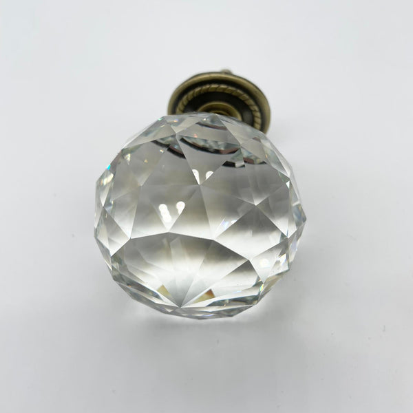 HARDWARE: 60mm Faceted Crystal Ball Effect Knob with Round Antique Brass Base: CLEAR