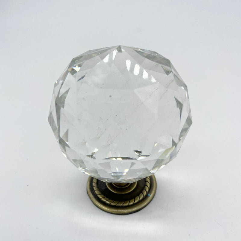 HARDWARE: 60mm Faceted Crystal Ball Effect Knob with Round Antique Brass Base: CLEAR