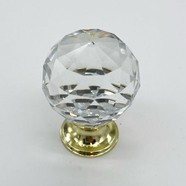 HARDWARE: 30mm Faceted Crystal Ball Effect Knob with Round Gold Colour Base: CLEAR