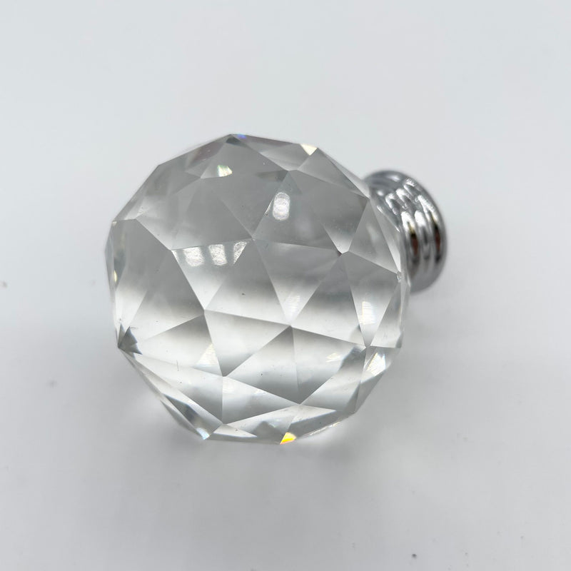 HARDWARE: 50mm Faceted Round Crystal Door Knob with Round Silver Colour Base: CLEAR