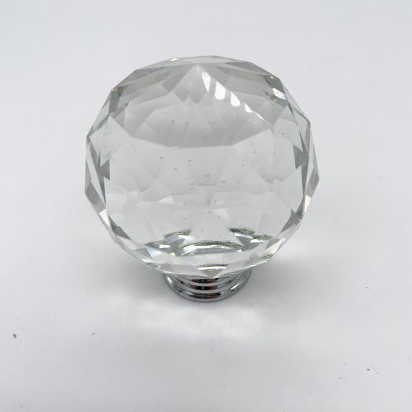 HARDWARE: 50mm Faceted Round Crystal Door Knob with Round Silver Colour Base: CLEAR