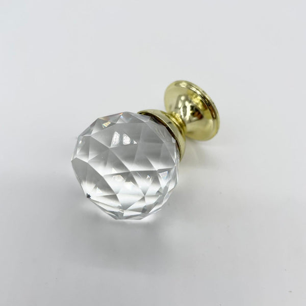 HARDWARE: 30mm Faceted Crystal Ball Effect Knob with Round GOLD Colour Base: CLEAR