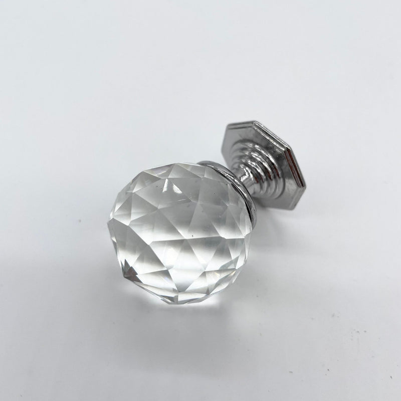 HARDWARE: 35mm Faceted Crystal Ball Effect Knob with Octagon Silver Base: CLEAR