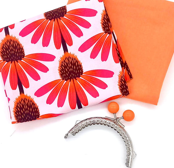 FABRIC KIT + HARDWARE: 8.5cm Kiss Clasp Purse: FQ Anna Maria Horner 'Echinacea' in Maraschino + FQ Salmon
