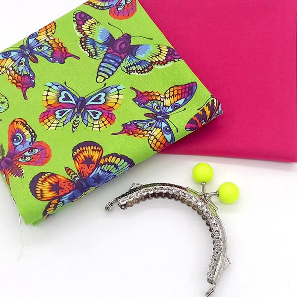 FABRIC KIT + HARDWARE: 8.5cm Kiss Clasp Purse: FQ Tula Pink 'Butterfly Kisses' Avocado + FQ Pomegranate