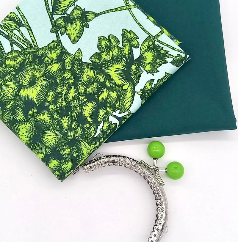 FABRIC KIT + HARDWARE: 8.5cm Kiss Clasp Purse: FQ Studio KM | The Garden of Earthly Delights 'Fresco' + FQ Bottle