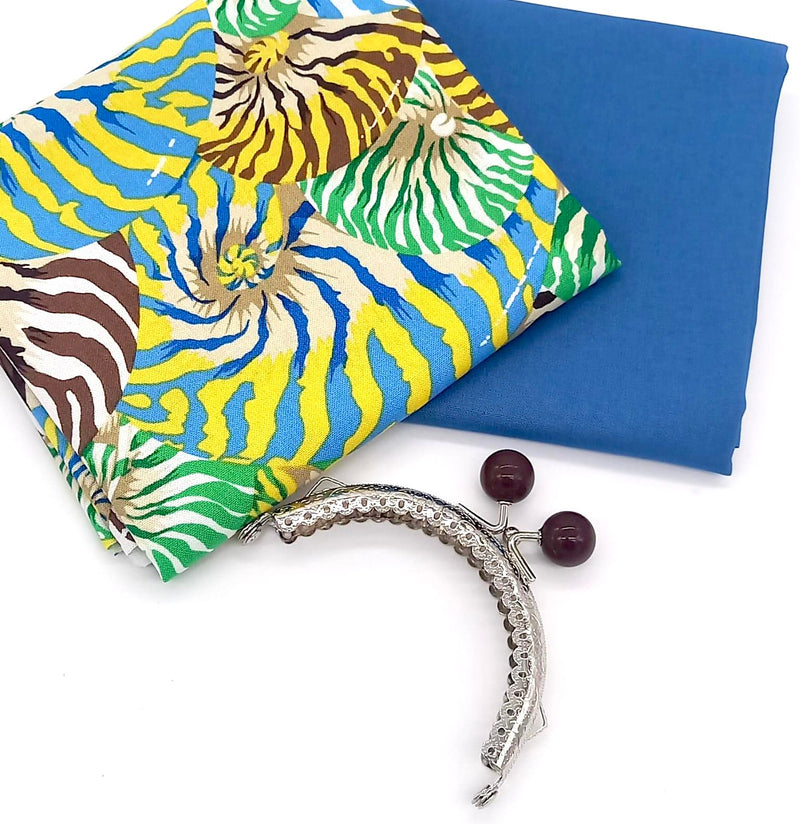 FABRIC KIT + HARDWARE: 8.5cm Kiss Clasp Purse: FQ Philip Jacobs' Snow Leopard 'Nautilus Shell' Blue + FQ Cadet Blue