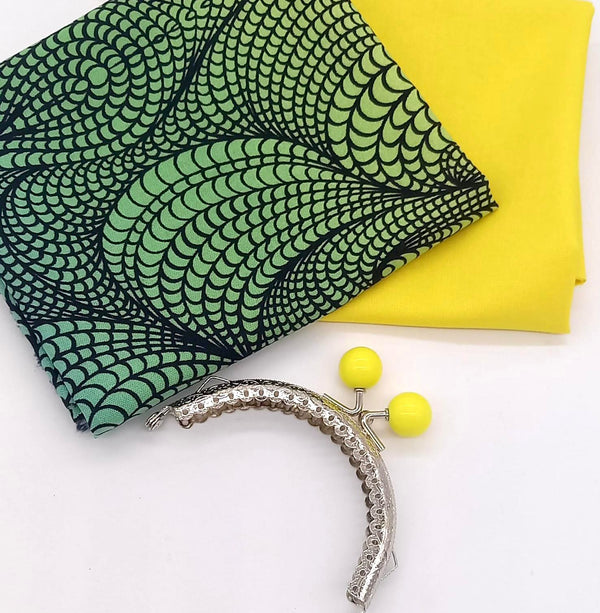 FABRIC KIT + HARDWARE: 8.5cm Kiss Clasp Purse: FQ Adrienne Leban | Bio Geo II 'Rainbow Bio' Multi (Blue) + FQ Sunshine