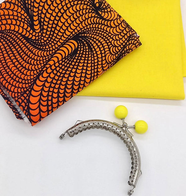FABRIC KIT + HARDWARE: 8.5cm Kiss Clasp Purse: FQ Adrienne Leban | Bio Geo II 'Rainbow Bio' Multi (Orange) + FQ Sunshine