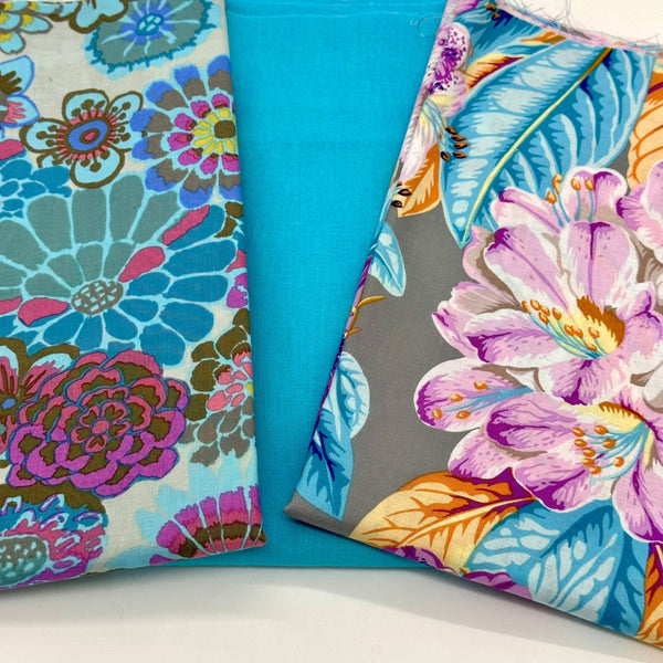 HALF METRE TRIO: Kaffe Fassett Collective 'Asian Circles' Turquoise  + 'Rhododendrons' Grey + Sky