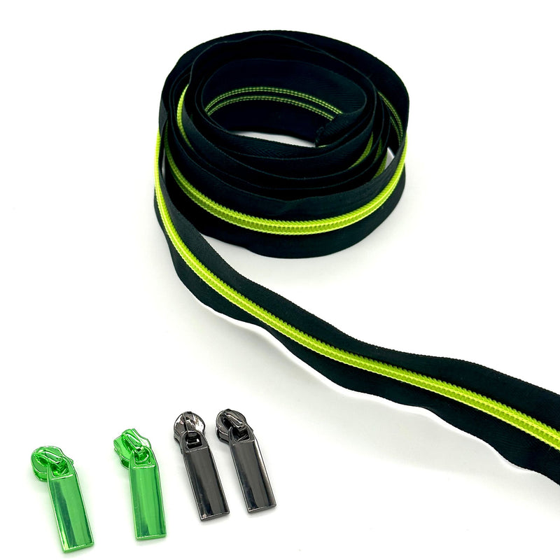 2 METRES of Black Zipper Tape with Neon Green Coil Teeth + 4pcs Zip Pull Bundle: x2 Green & x2 Black