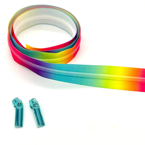 1 METRE of Rainbow Zipper Tape + 2pcs Aqua Rectangle Bar Zip Pulls