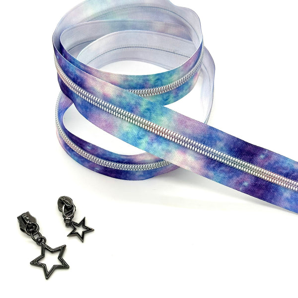 1 METRE of Stardust Zipper Tape + 2pcs Gunmetal Star Zip Pulls