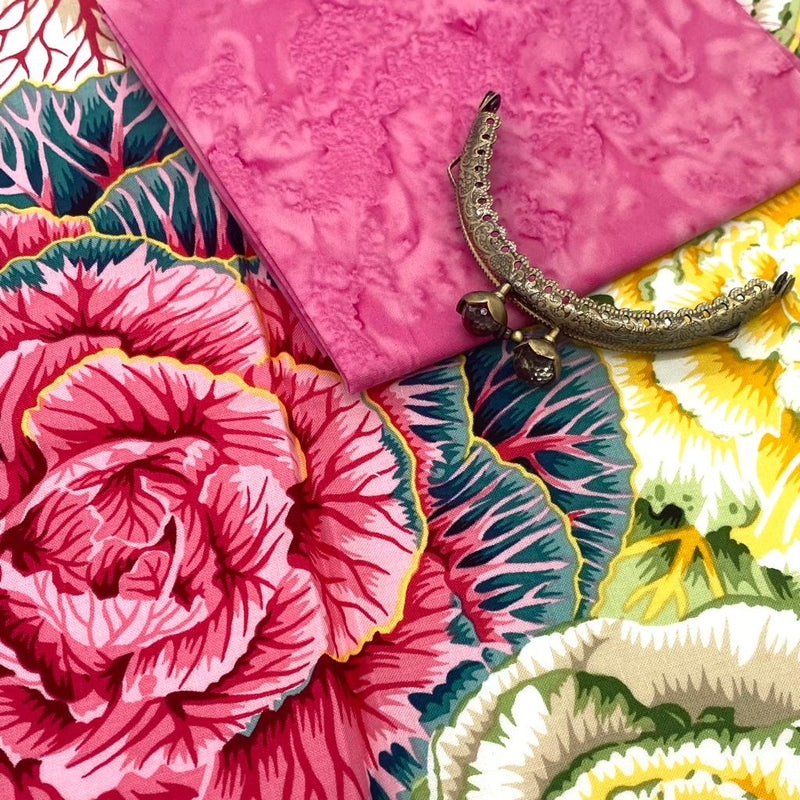 FABRIC KIT with HARDWARE: 8.5cm Kiss Clasp Coin Purse: Kaffe Fassett Collective 'Brassica' Pastel with Pink Batik
