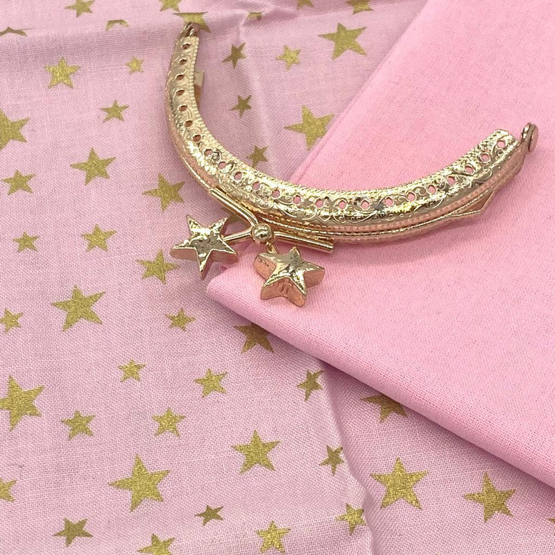FABRIC KIT with HARDWARE: 8.5cm STAR Top Coin Purse: Lewis & Irene 'Stars' Gold Metallic on Pink