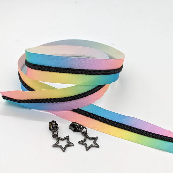 1 METRE of Light Rainbow Zipper Tape with Black Coil Teeth + 2pcs Gunmetal Star Zip Pulls