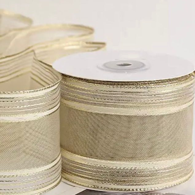Wired Ribbon | 'Border Stripe' 65mm Wide: Champagne: 11 METRE ROLL