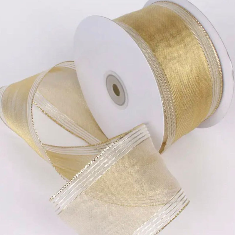 Wired Ribbon | 'Narrow Border Stripe' 63mm Wide: GOLD: 11 METRE ROLL