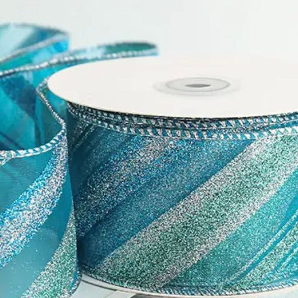 Wired Ribbon | 'Diagonal Stripe' 65mm Wide: Aqua/Teal: 11 METRE ROLL