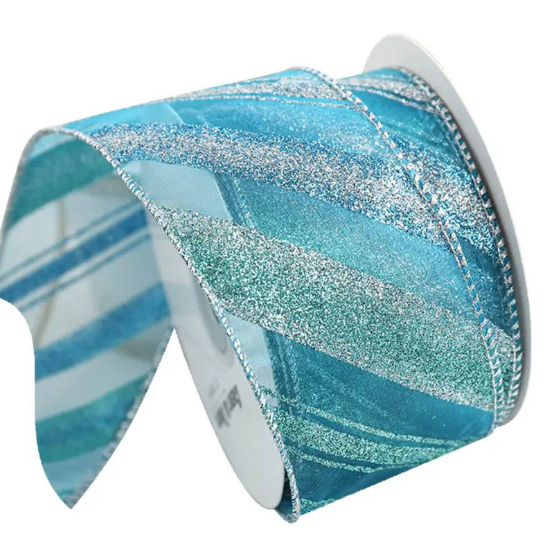 Wired Ribbon | 'Diagonal Stripe' 65mm Wide: Aqua/Teal: 11 METRE ROLL