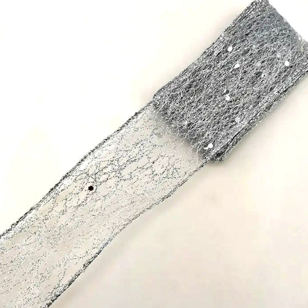 Wired Ribbon | 'Hollow Mesh with Glitter' Approx 50mm Wide: SILVER: 2 METRE ROLL