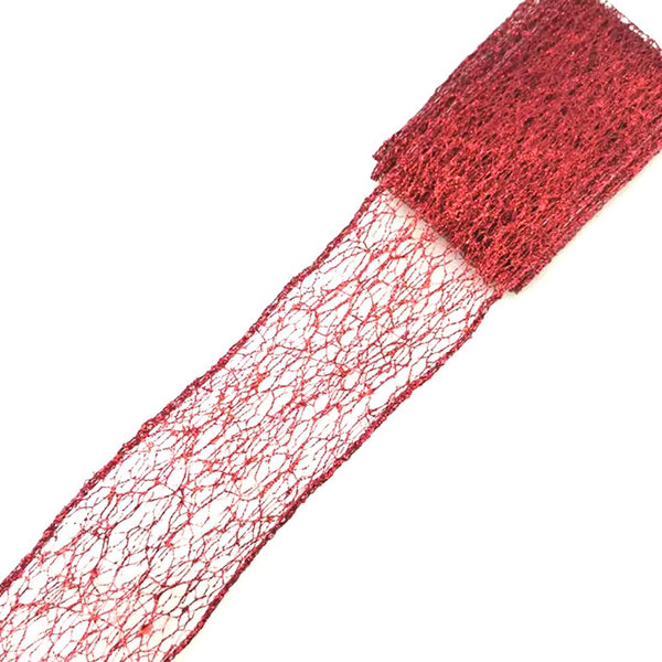 Wired Ribbon | 'Hollow Mesh with Glitter' Approx 50mm Wide: RED: 2 METRE ROLL