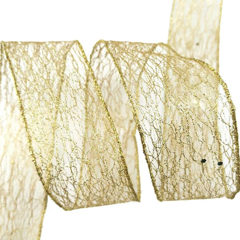 Wired Ribbon | 'Hollow Mesh with Glitter' Approx 50mm Wide: GOLD: 2 METRE ROLL