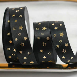 RIBBON: 'Gold Stars on Black' 16mm Wide: 10 YARD ROLL