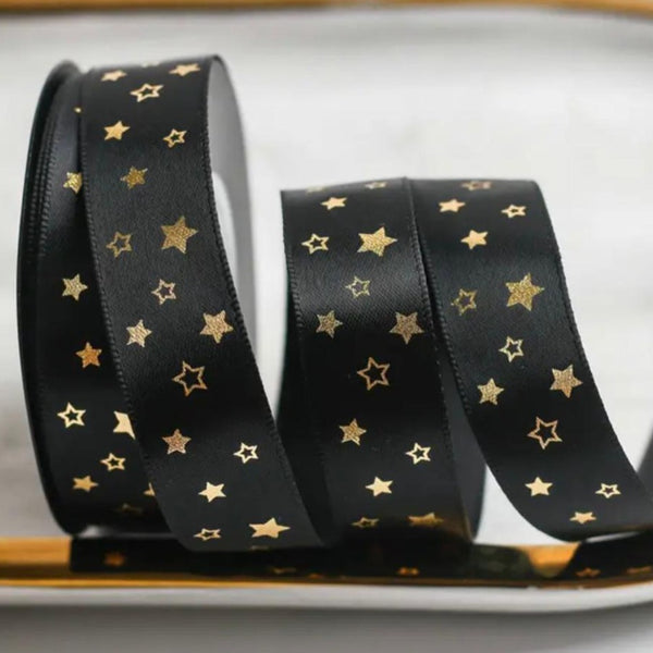 Ribbon | 'Gold Stars on Black' 16mm Wide: 10 YARD ROLL