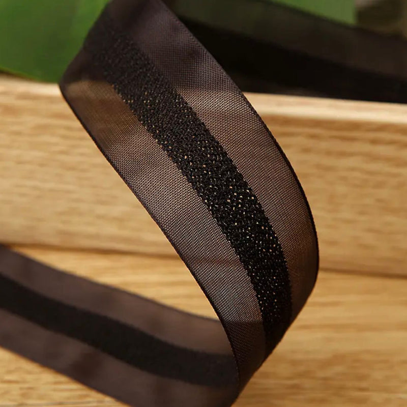 RIBBON: 'Sheer with Central Shimmer Stripe' Approx 40mm Wide: BLACK: 5 YARD LENGTH